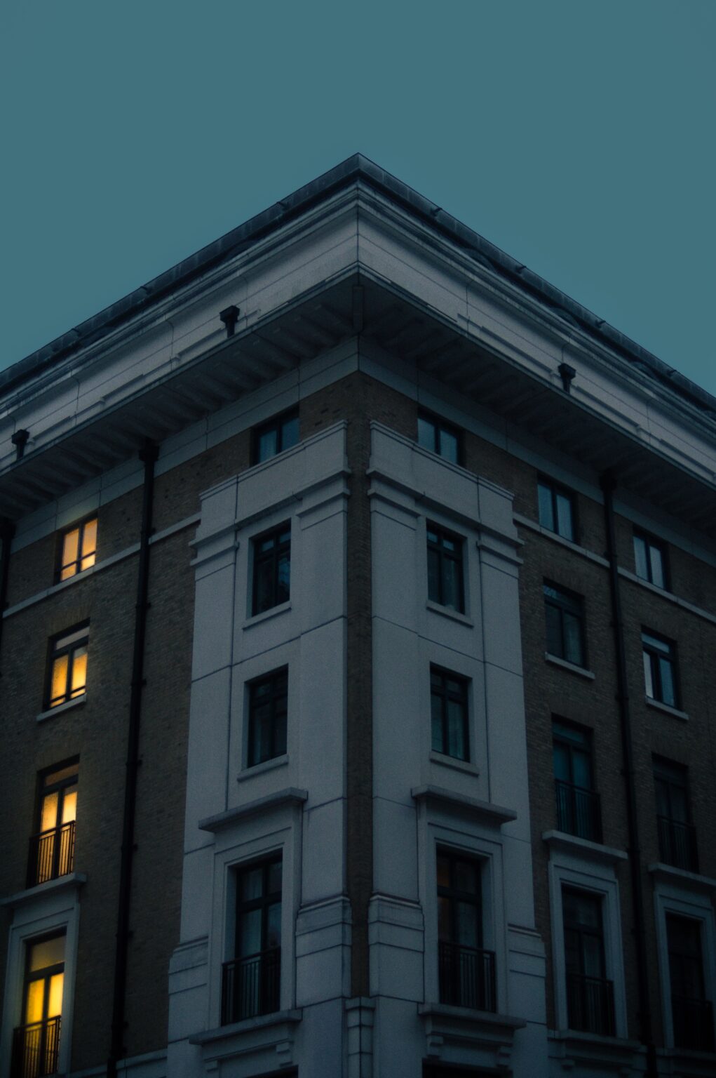 Period building corner at dusk